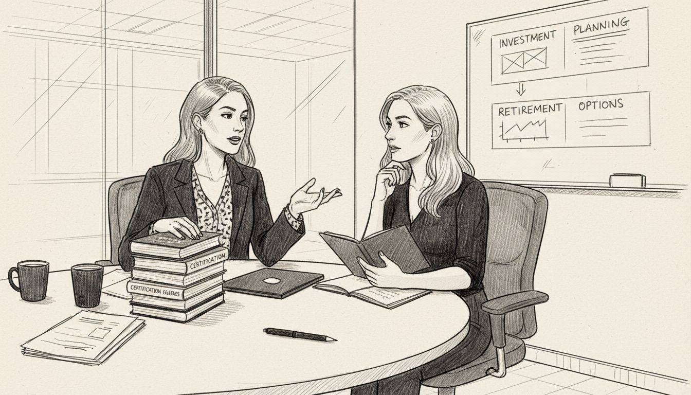 Financial advisers discussing specializations at meeting table