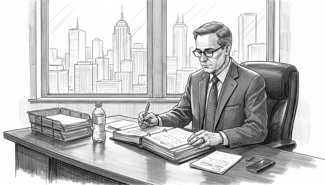 Executive reviewing documents in high-rise office