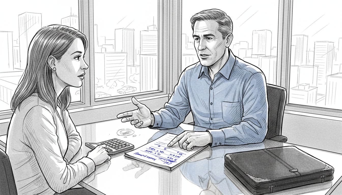 Financial adviser consults client in office