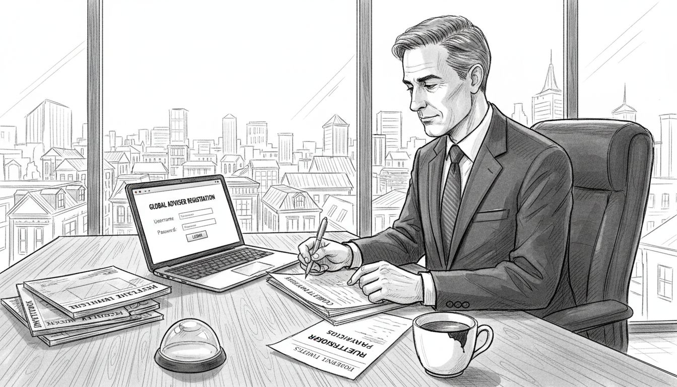 Financial adviser reviewing files in tall office