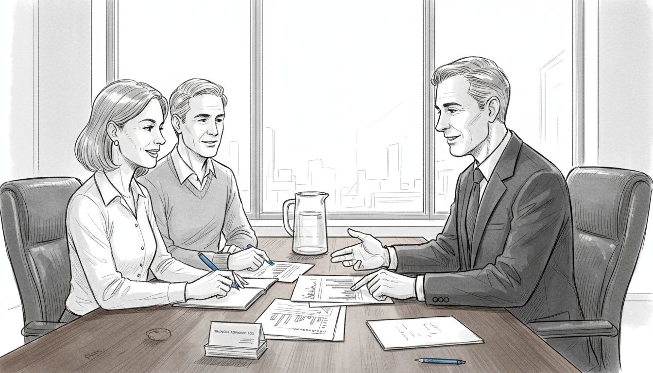 Adviser and clients discuss finances in office