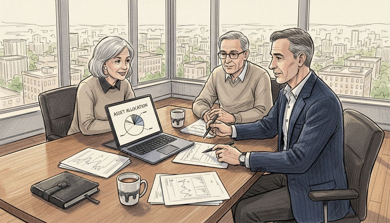 Advisor meeting clients in sunlit corner office