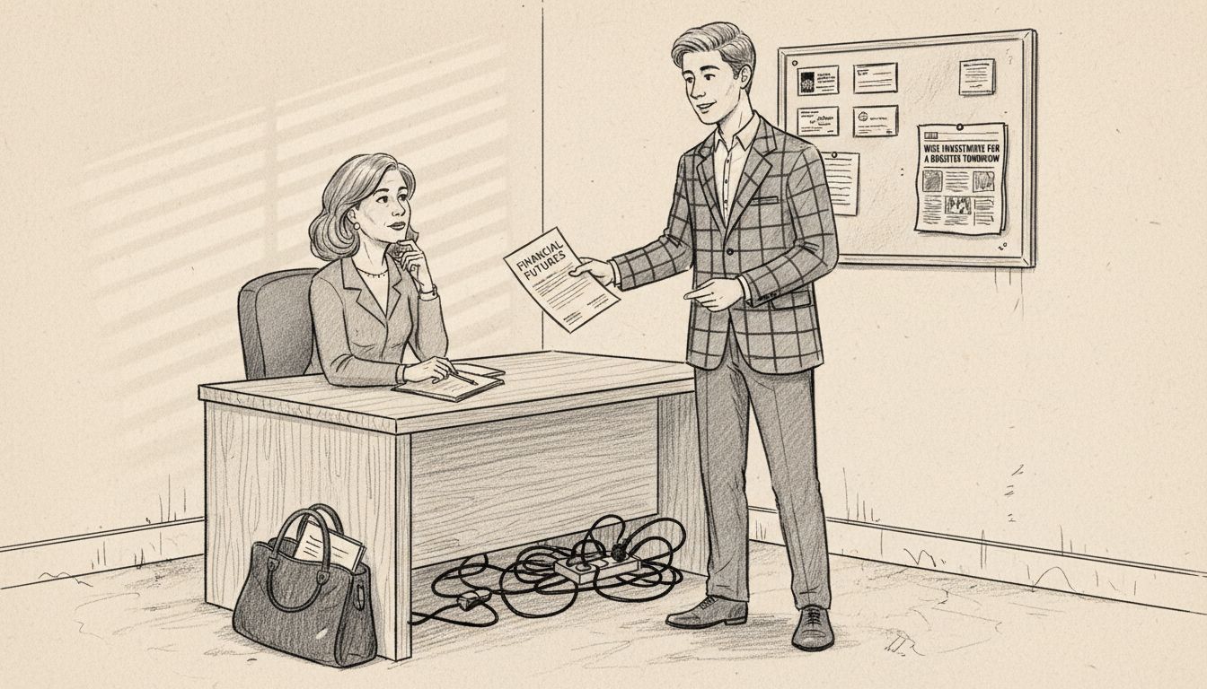 Independent adviser meeting client in modest office