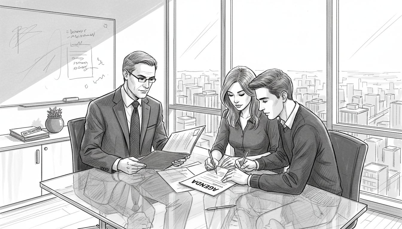 Financial adviser meeting with clients in city office