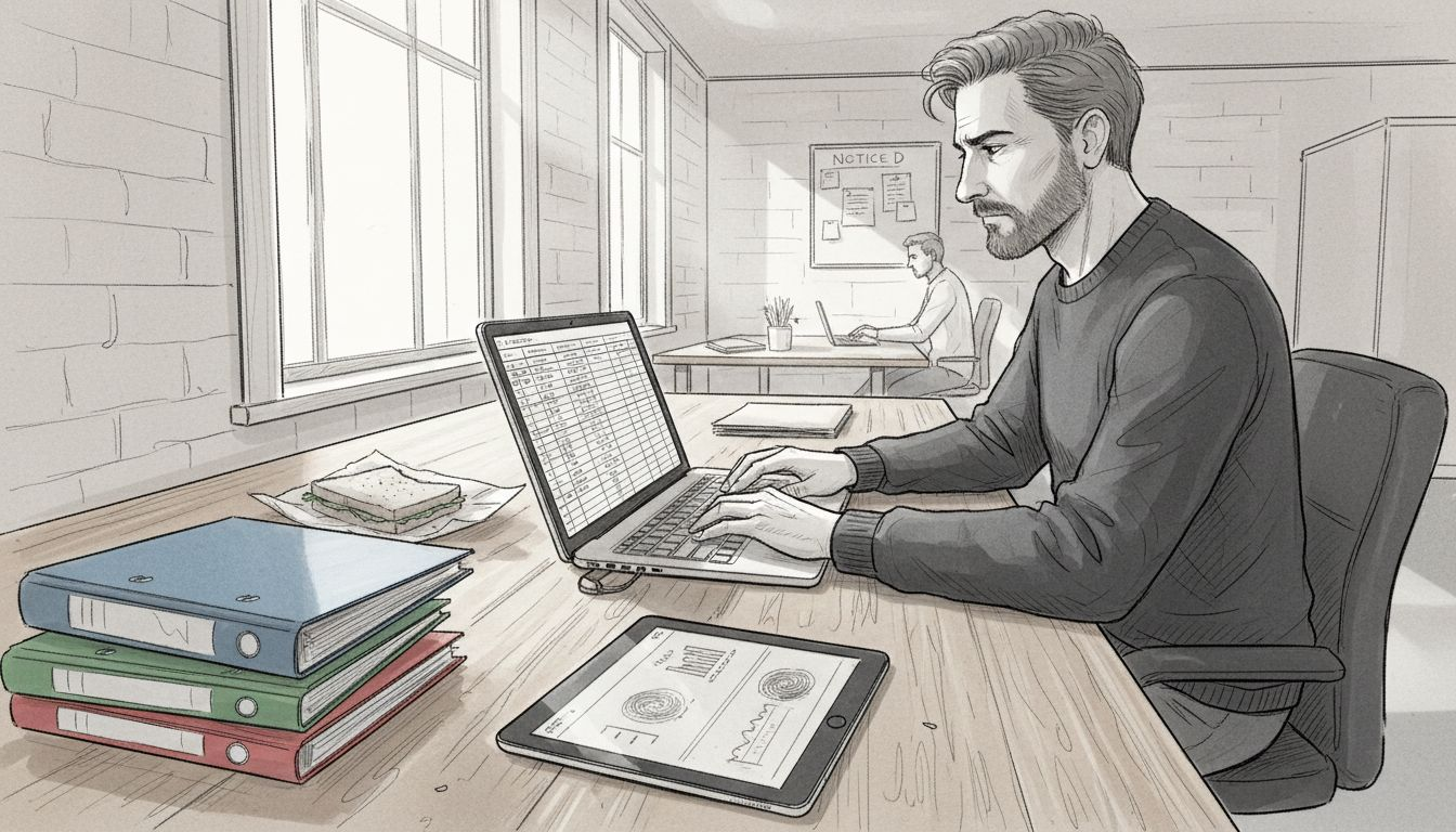 Independent adviser working at cluttered desk