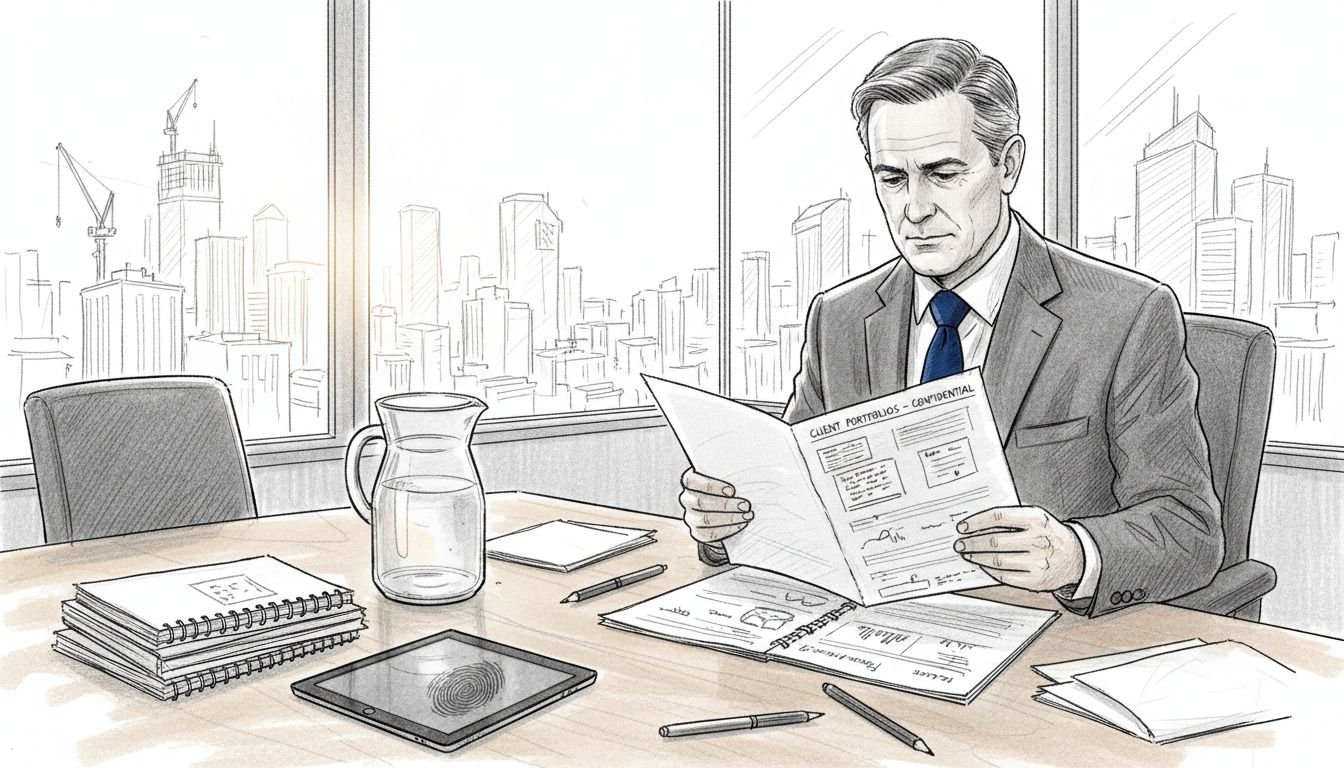 Financial adviser reviewing portfolios in corner office