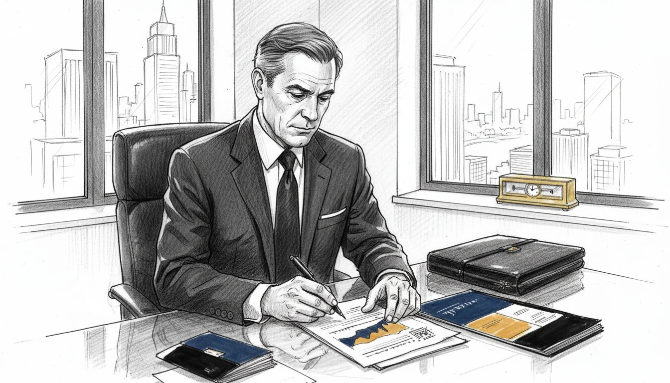 Professional reviewing wealth planning documents in office