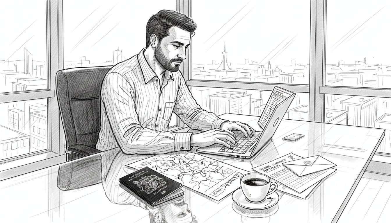 Expat reviewing global finances at office desk