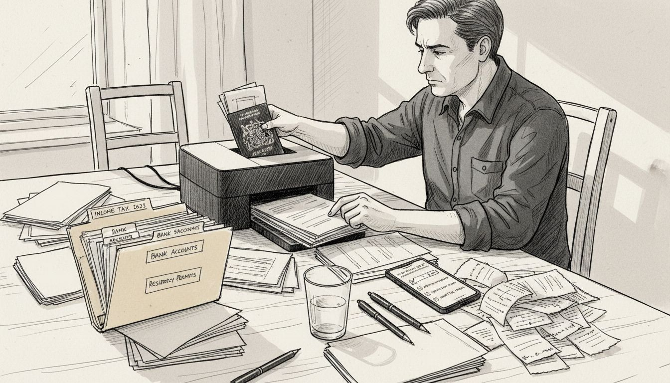 Expat organizes finance documents at table