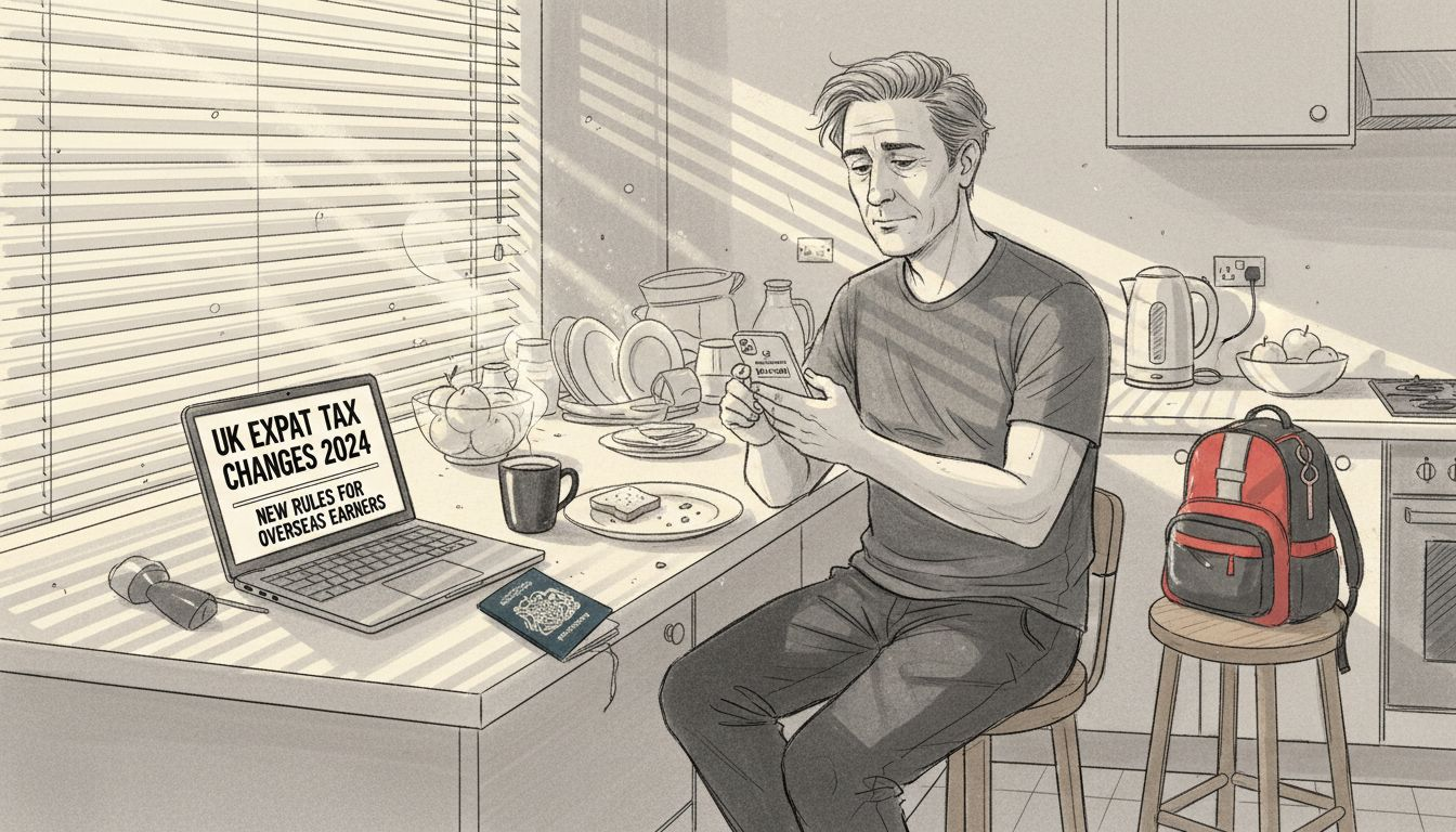 Man plans expat finances at cluttered kitchen