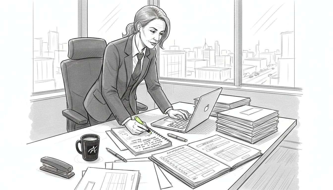 Adviser reviews compliance workflow at office desk