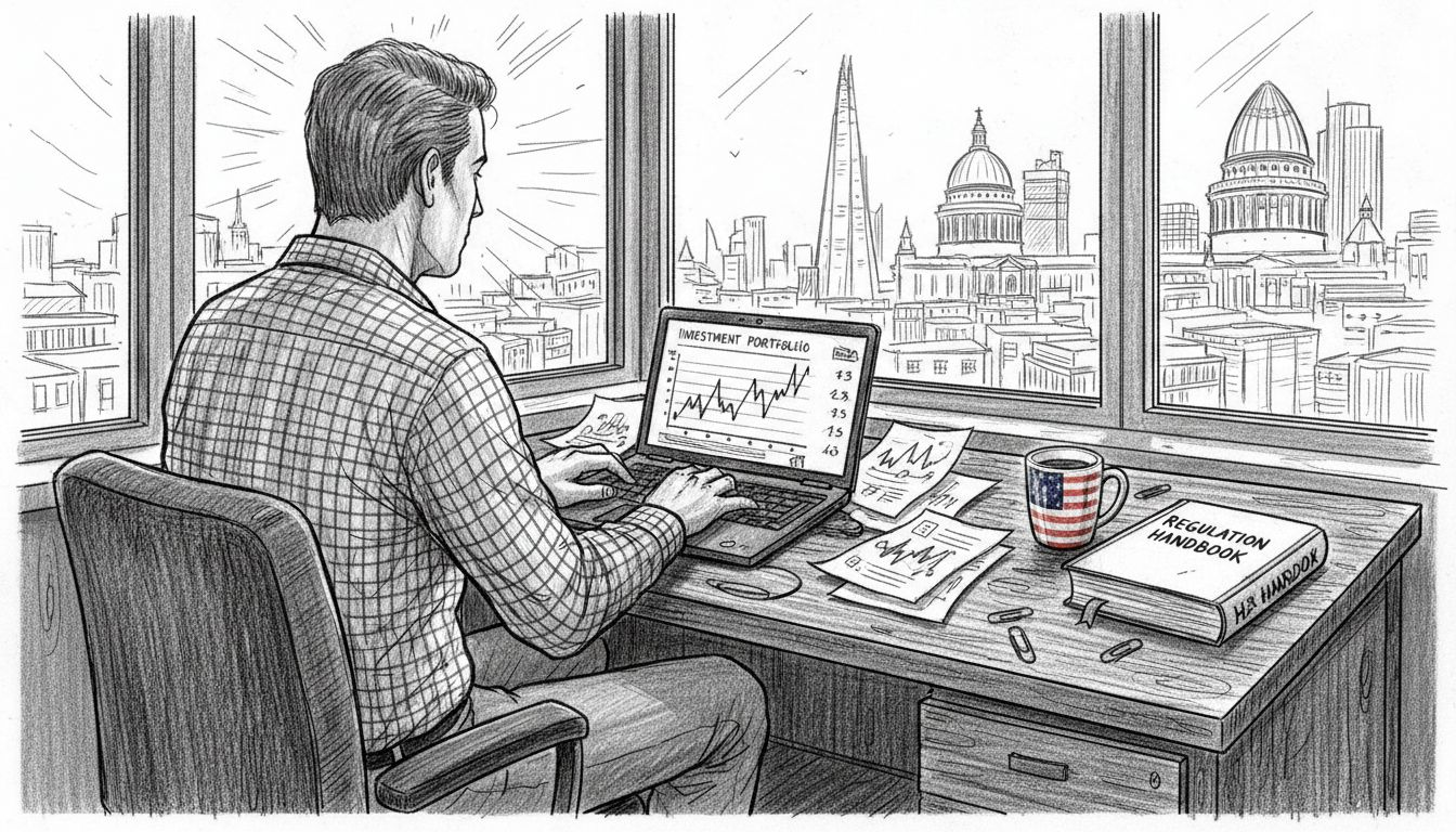 US expat reviewing investments in European office