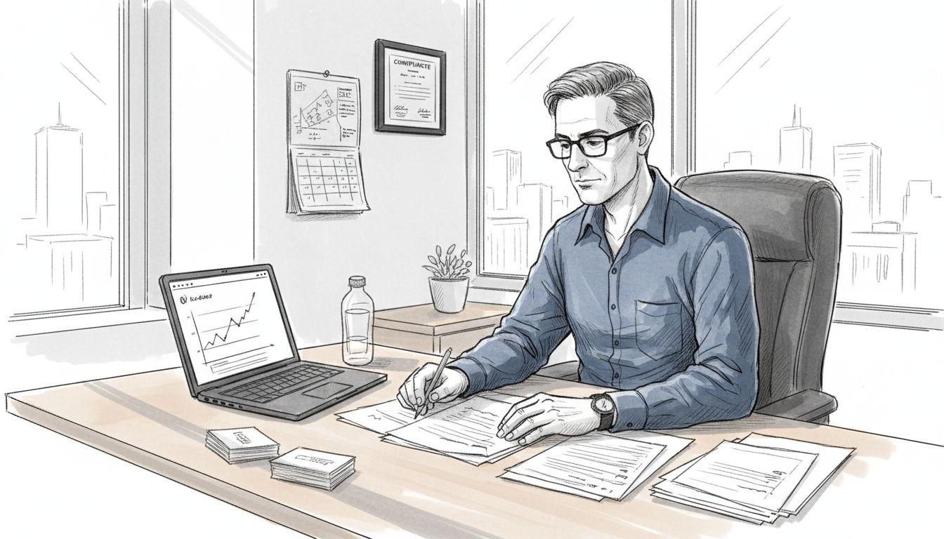 Financial advisor verifying credentials at desk