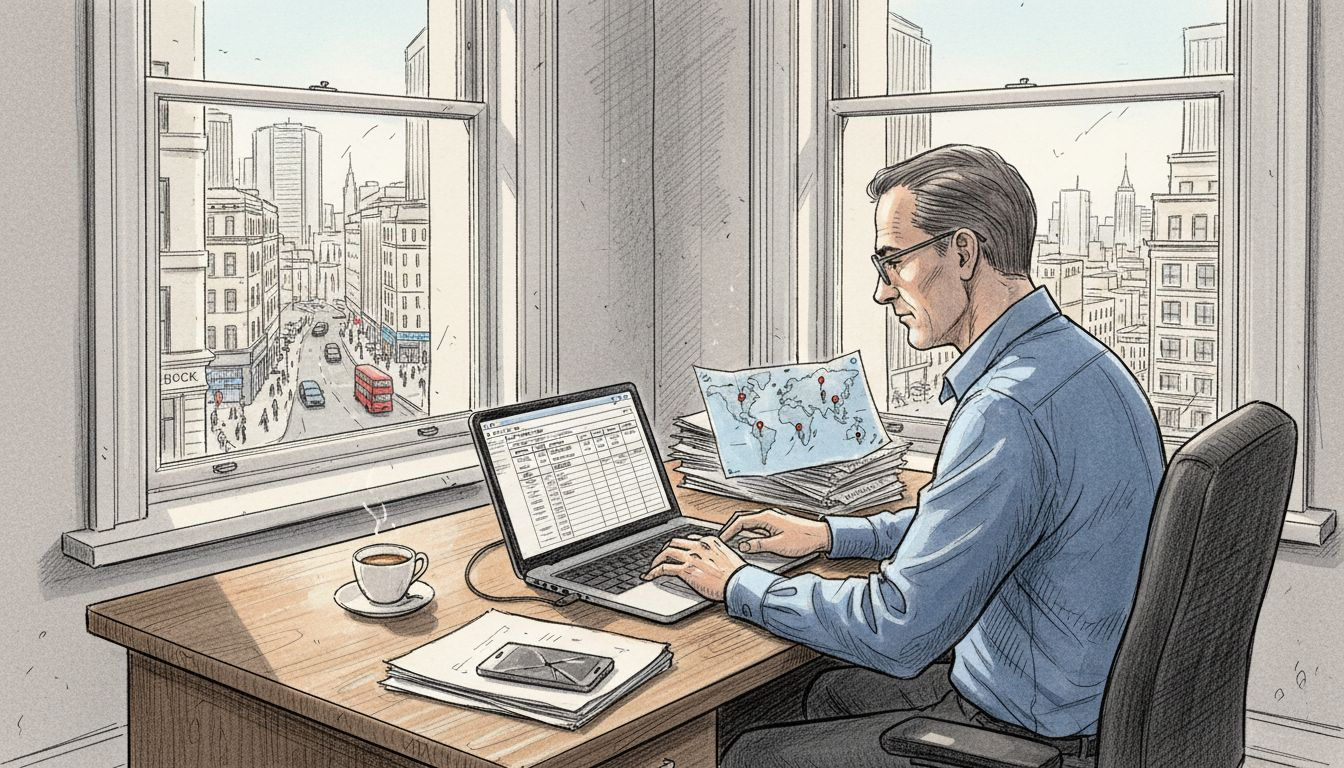 Expat male planning finances at office desk