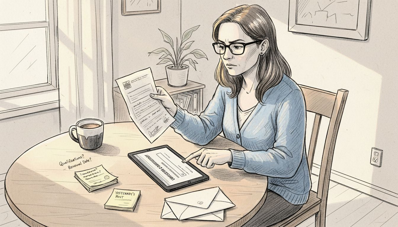 Woman checks adviser credentials at home