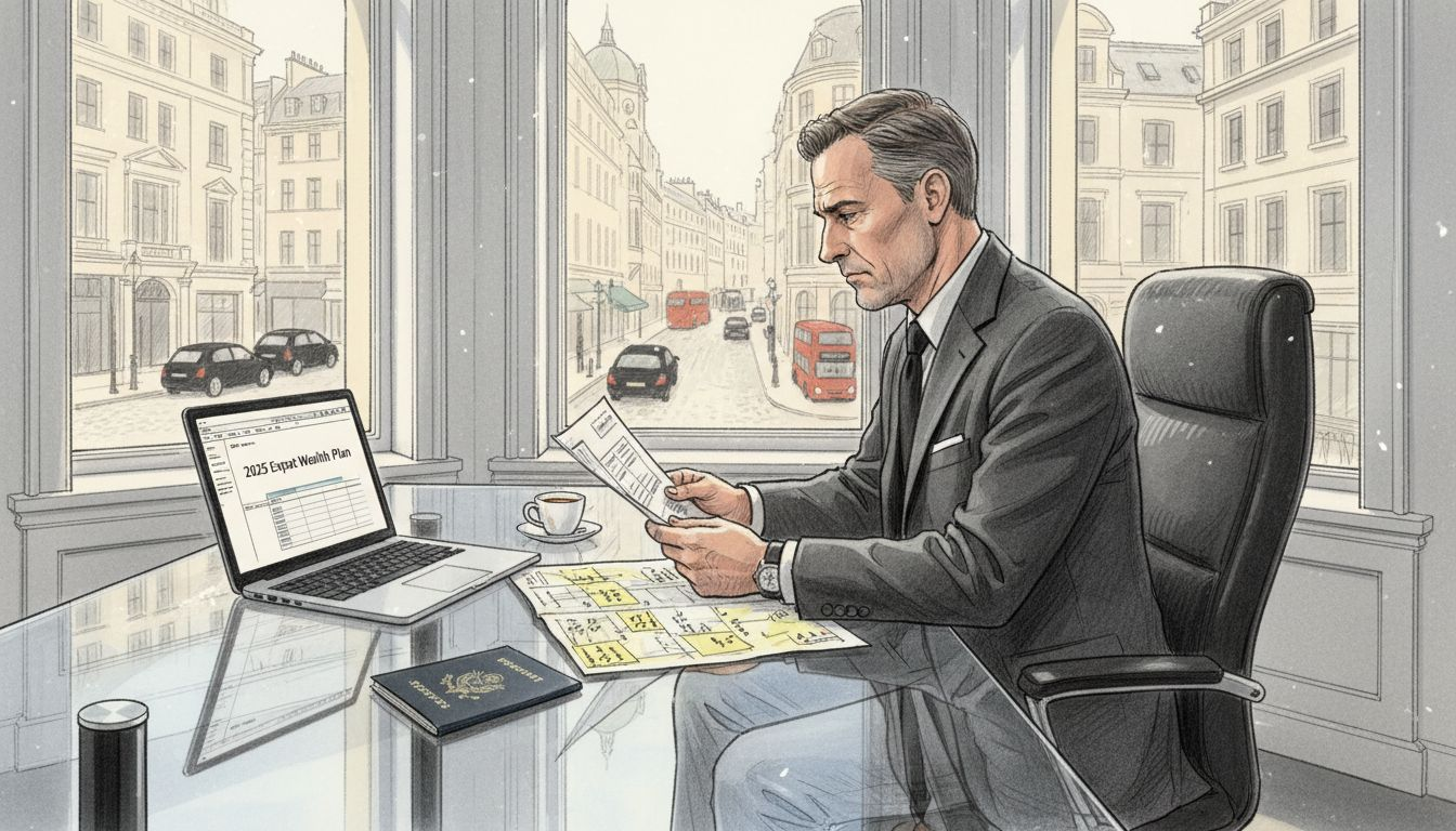 American expat reviewing wealth management documents