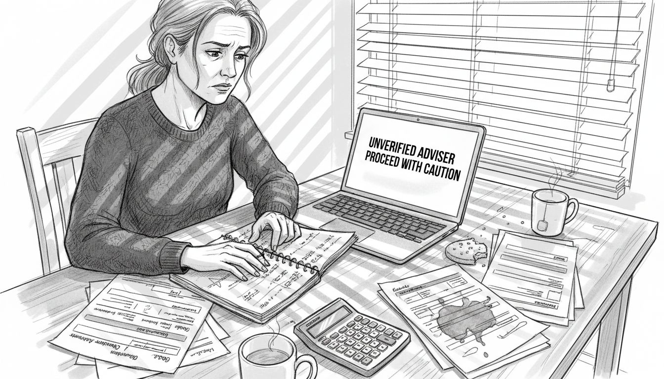 Concerned expat reviewing risky financial documents