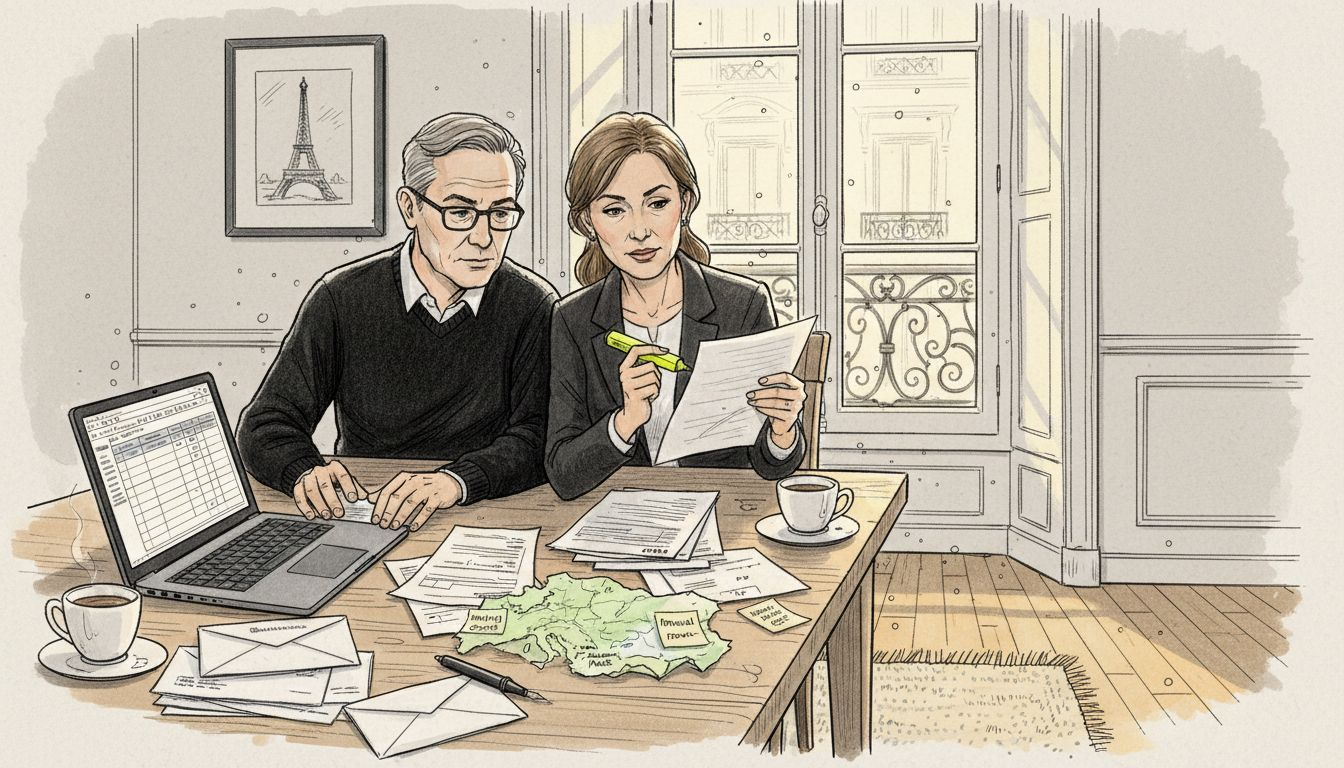 American expats planning finances in a Paris apartment