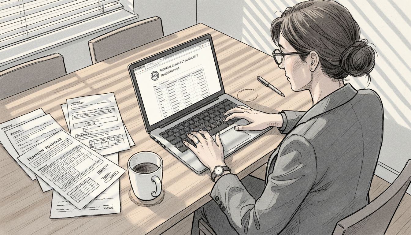 Woman verifying adviser credentials at table