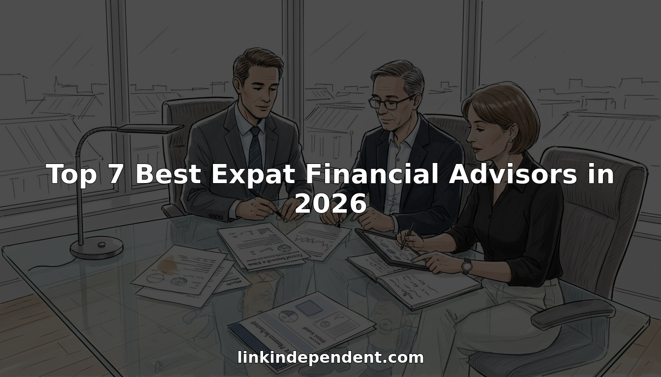 Expat couple and advisor in office financial review