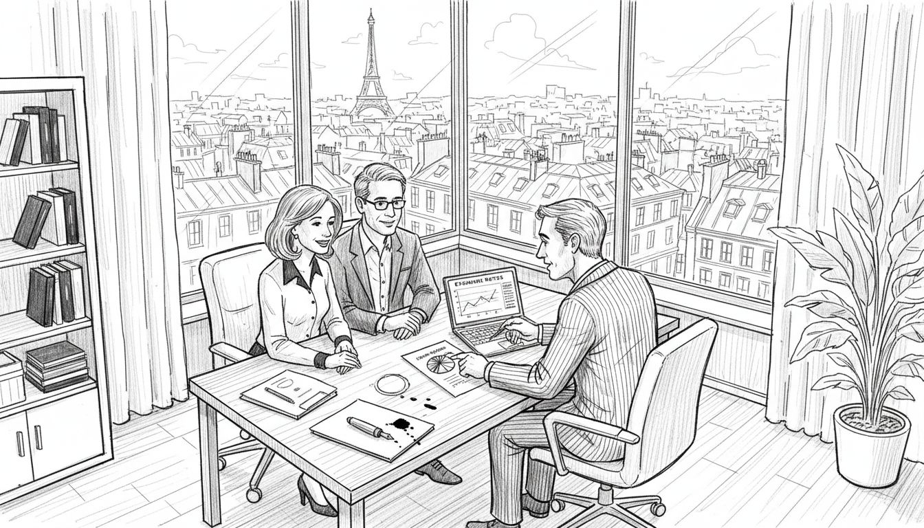 Expat couple consulting financial adviser in European office