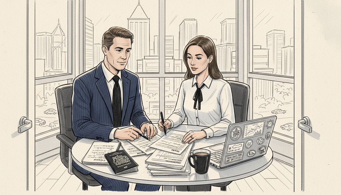 US expat meeting financial adviser in city office