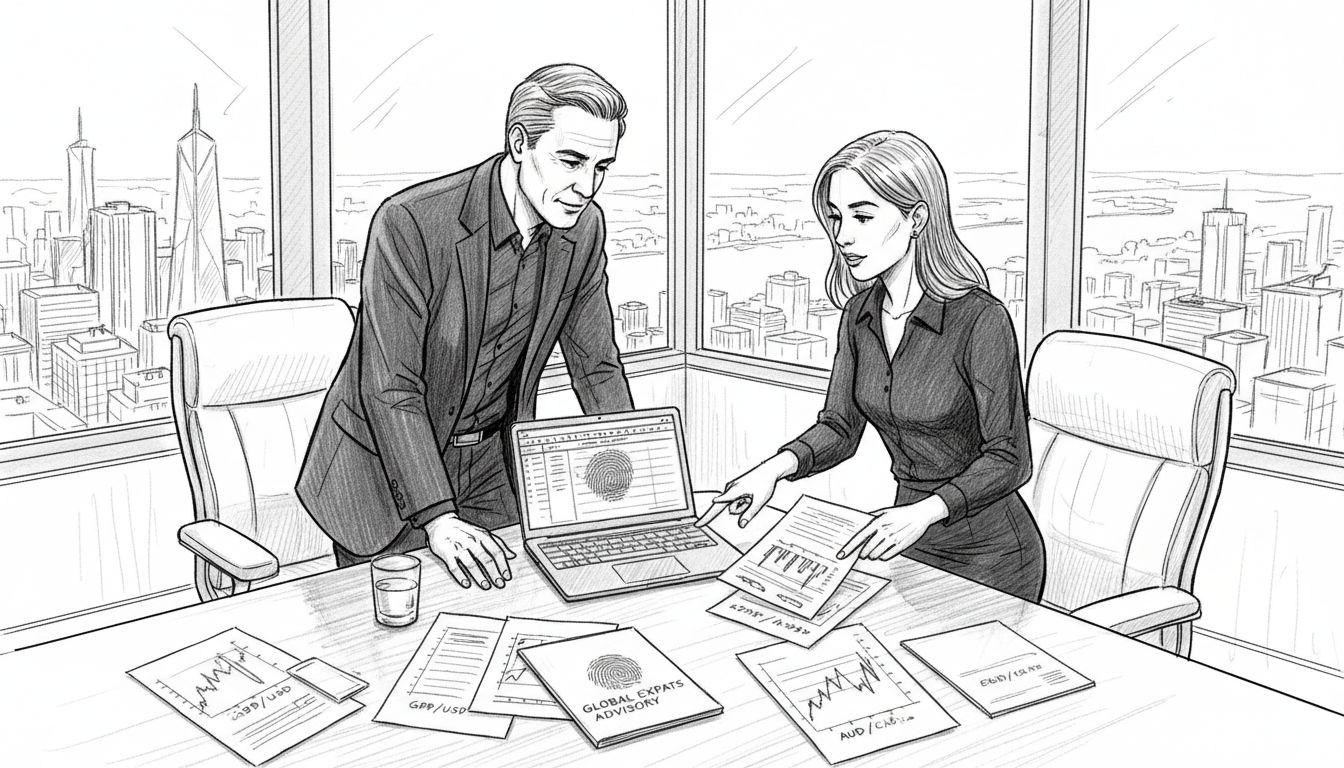 Expat and adviser review finances in city office