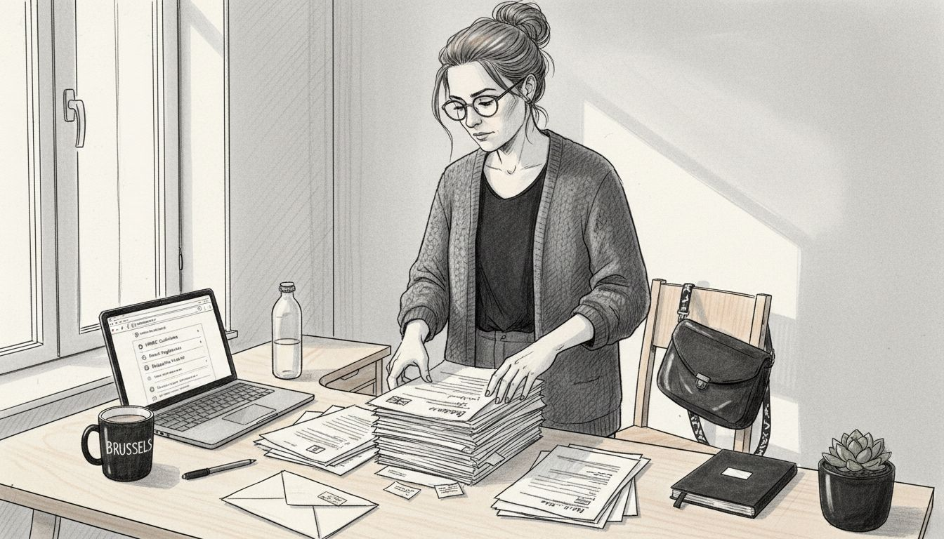 Woman sorting cross-border compliance paperwork