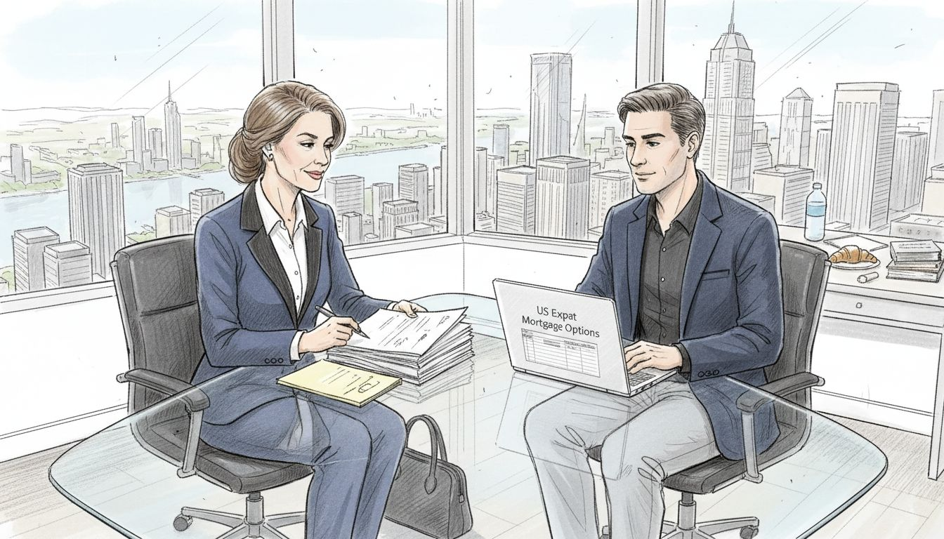 Expat consulting with mortgage specialist in European office