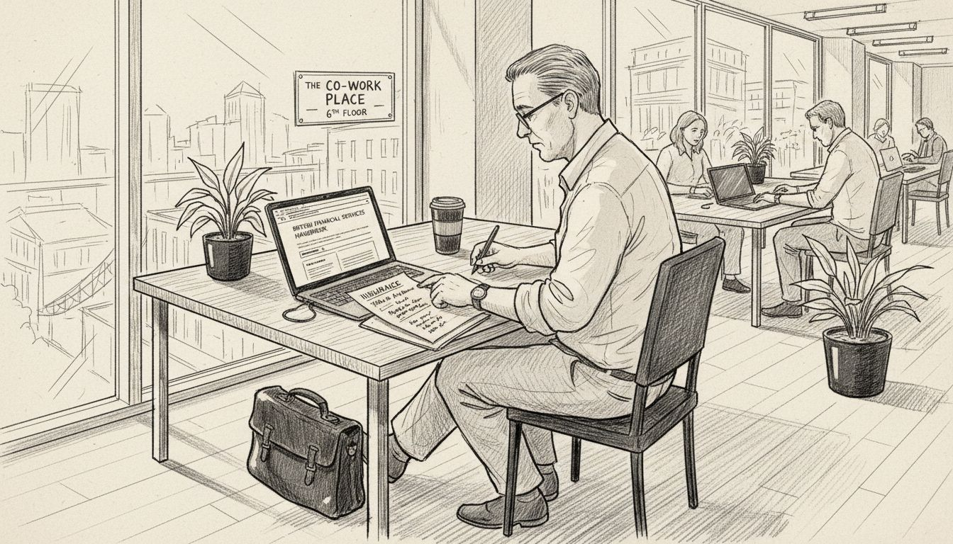 Expat man researches financial directory abroad