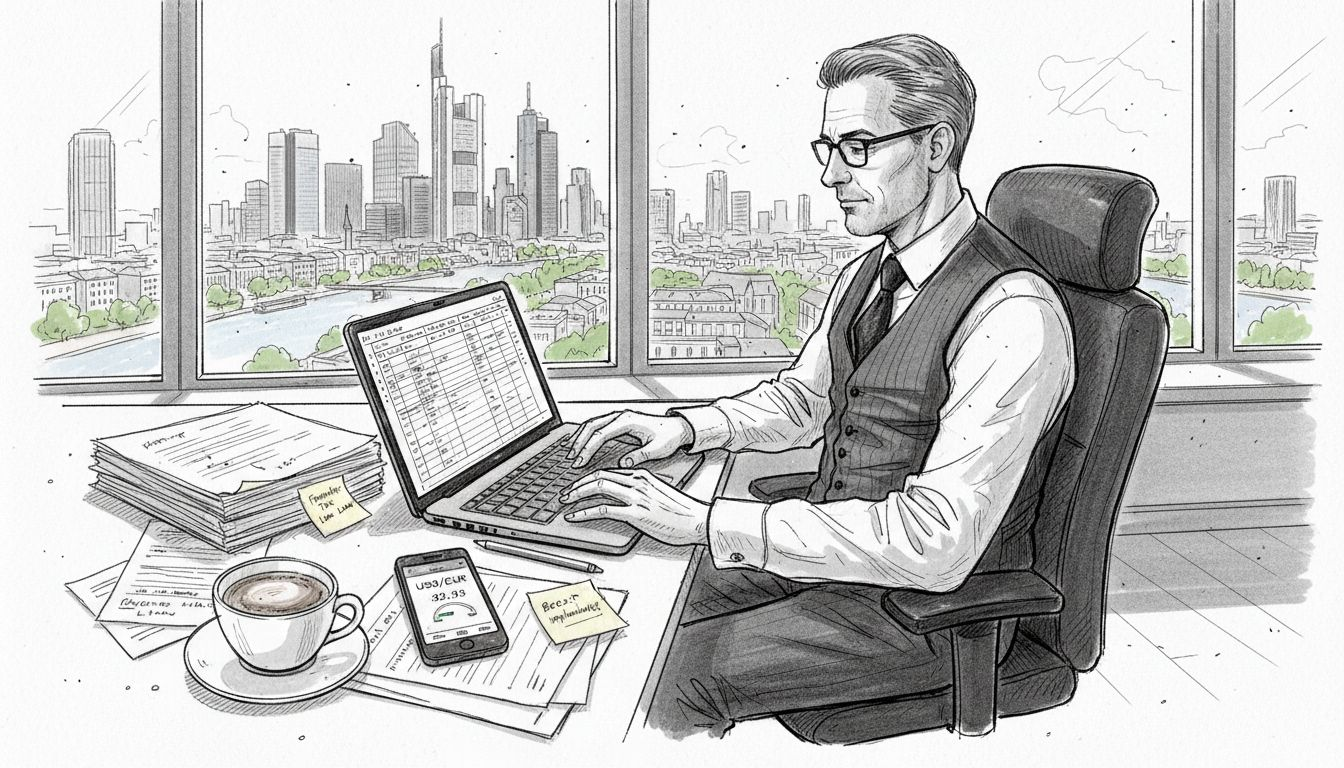 American expat reviewing finances in European office