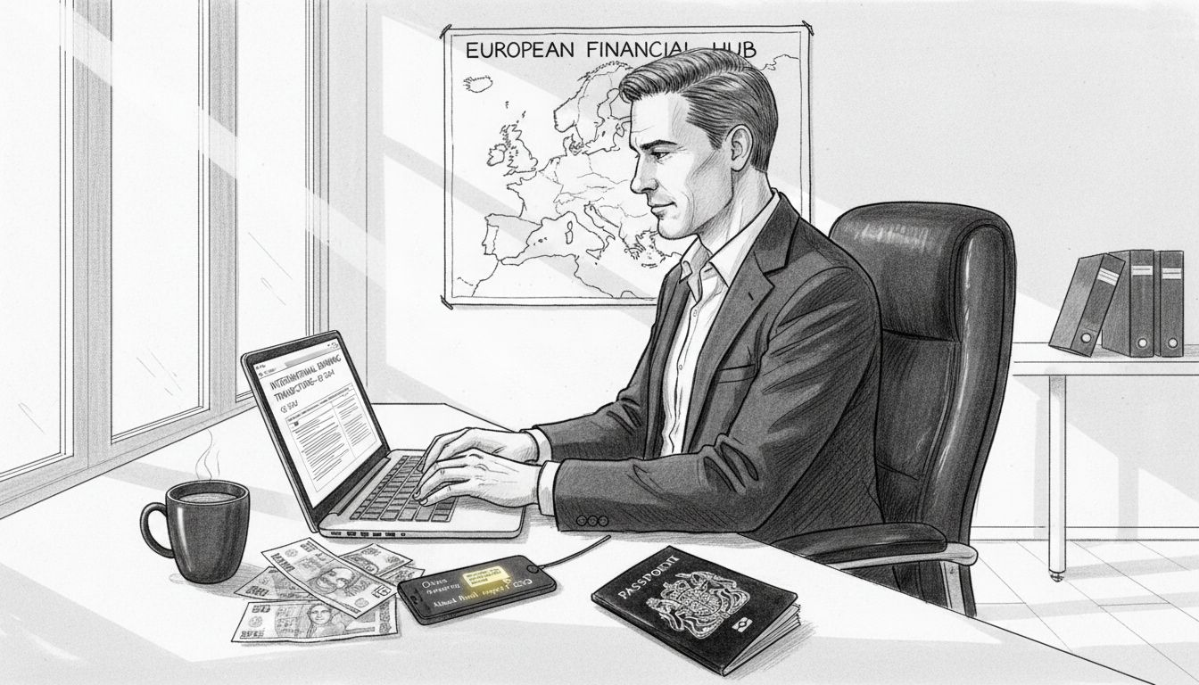 Expat reviewing global financial documents in office