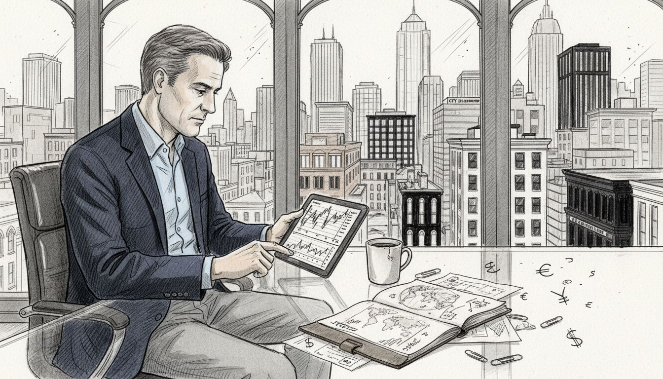 Expat reviewing portfolio in city office