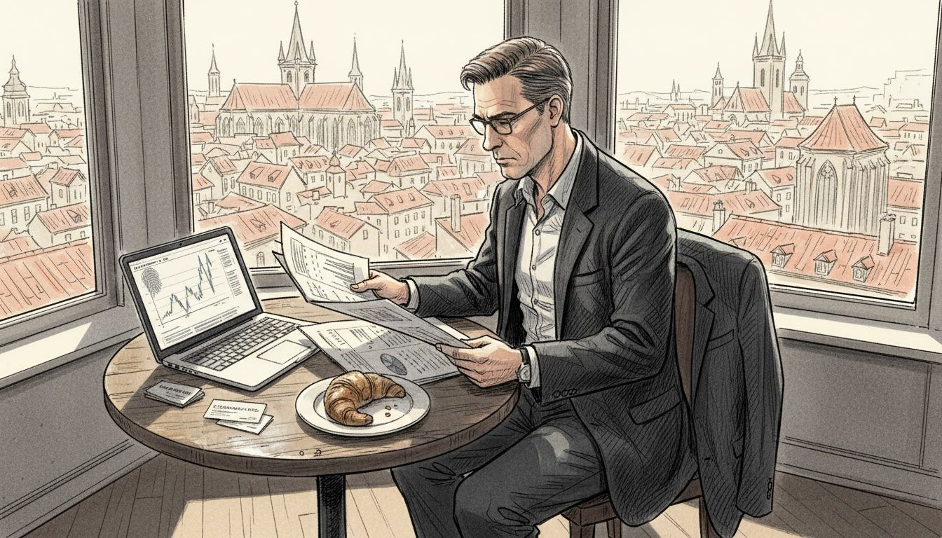 US expat reviewing investment paperwork in office