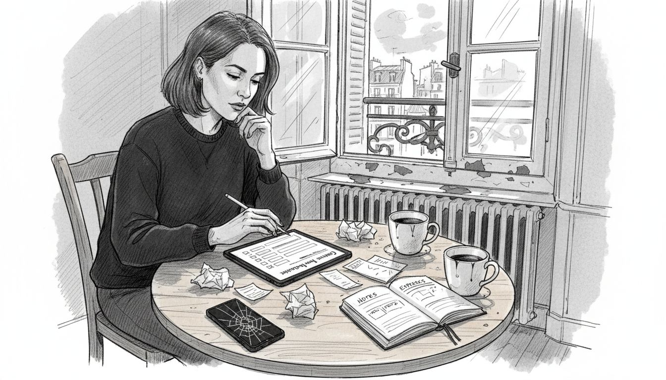 Expat completing financial assessment at kitchen table