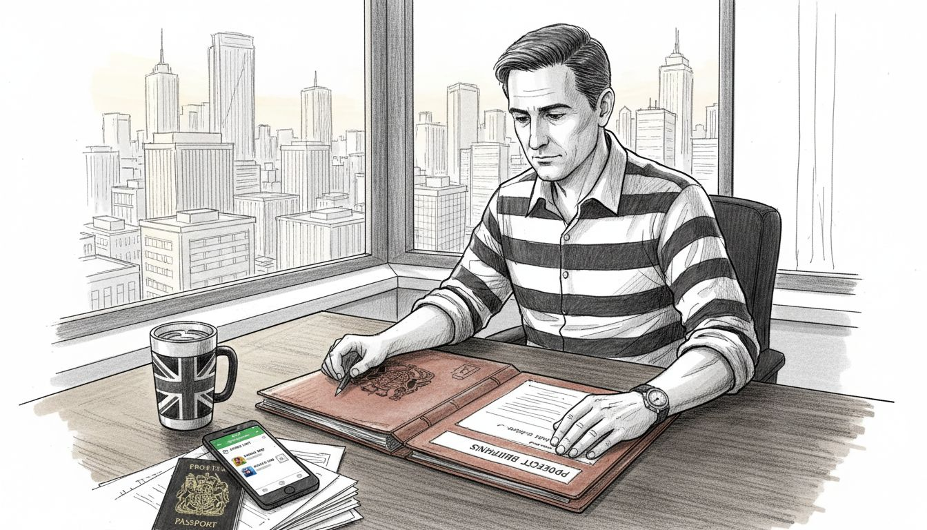 US expat reviewing investment papers in city apartment