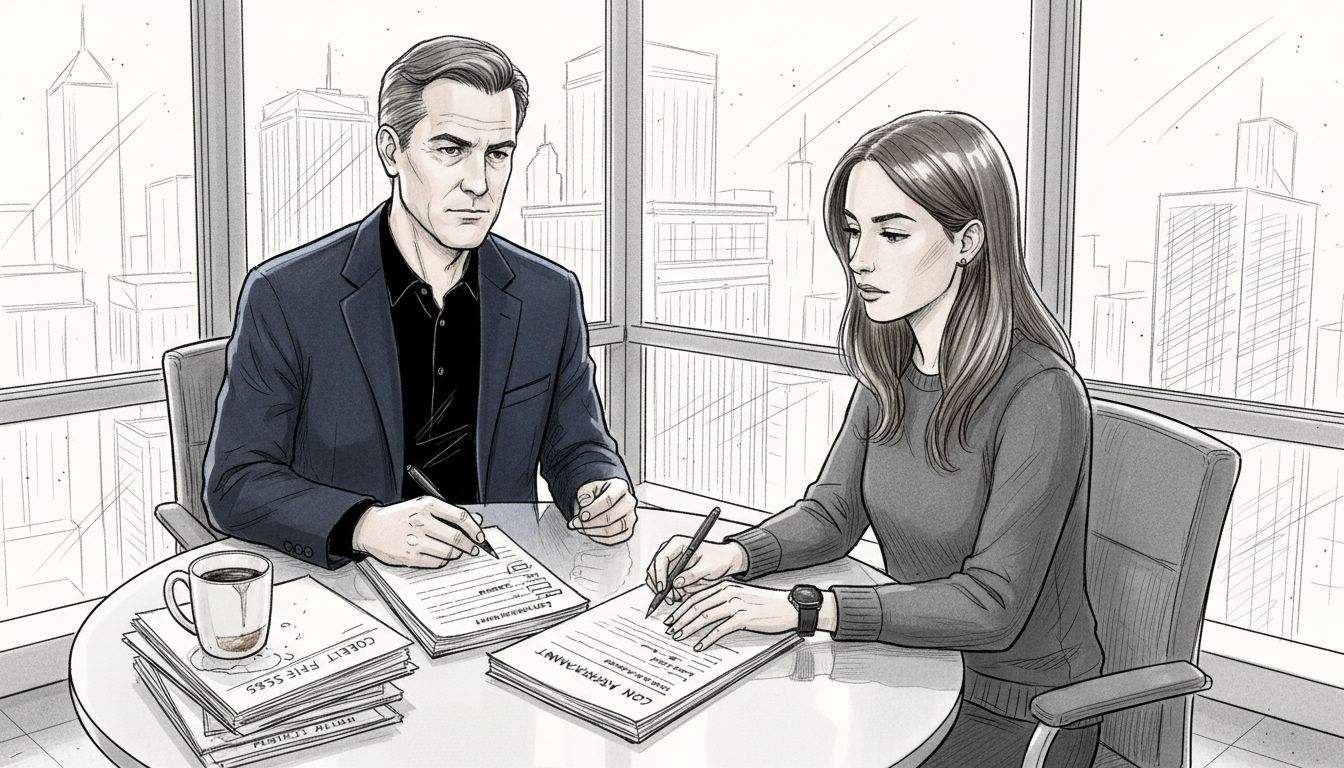 Mortgage professionals reviewing compliance documents in office