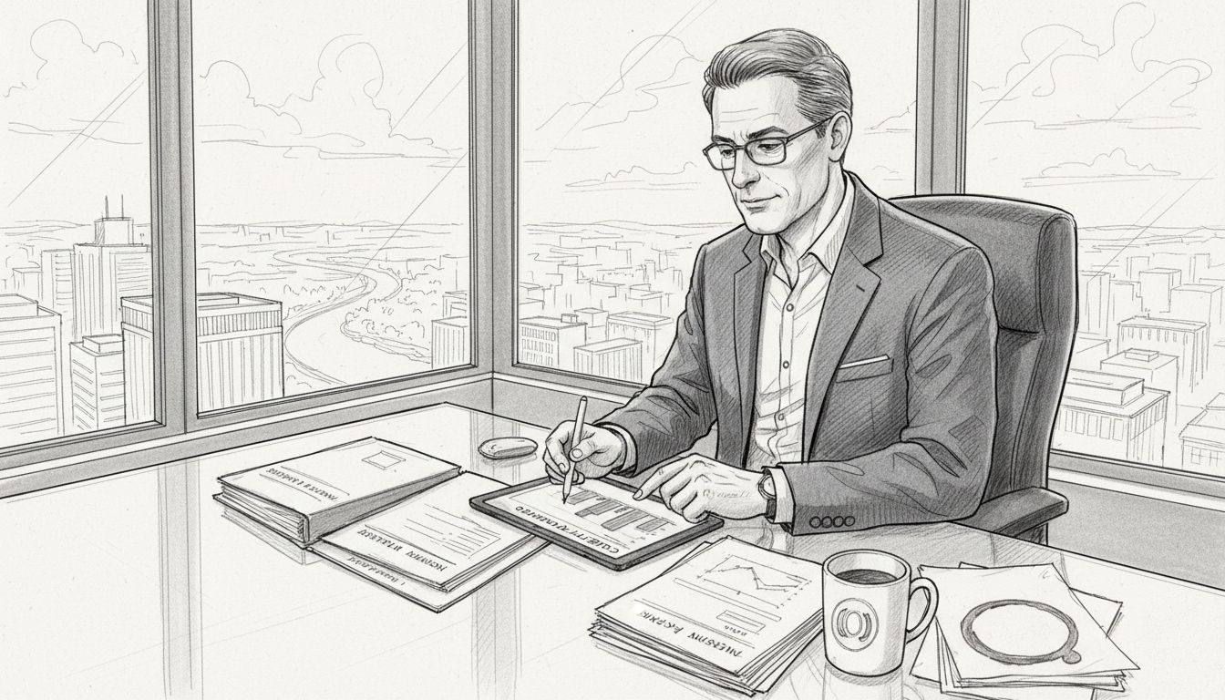 Adviser reviewing documents in sunny corner office