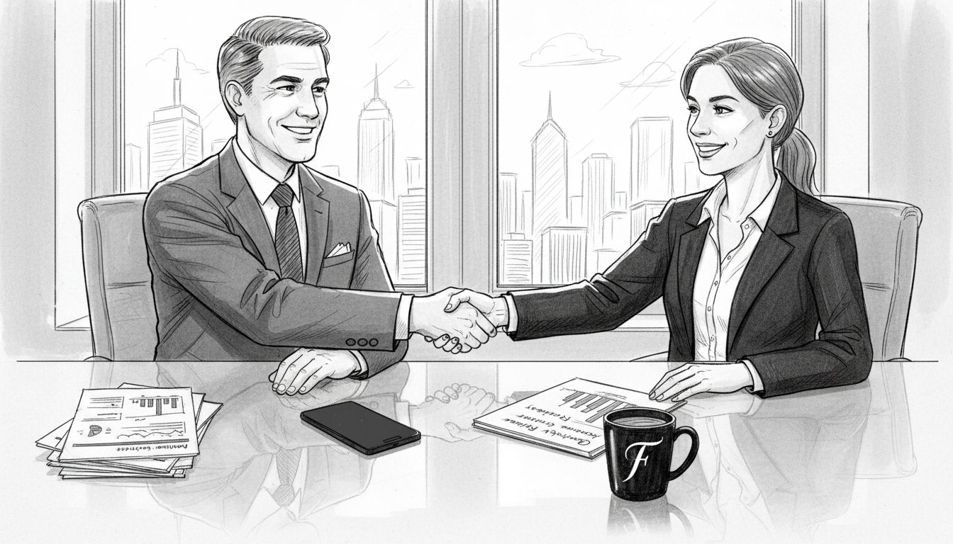 Advisor and client handshake in corner office