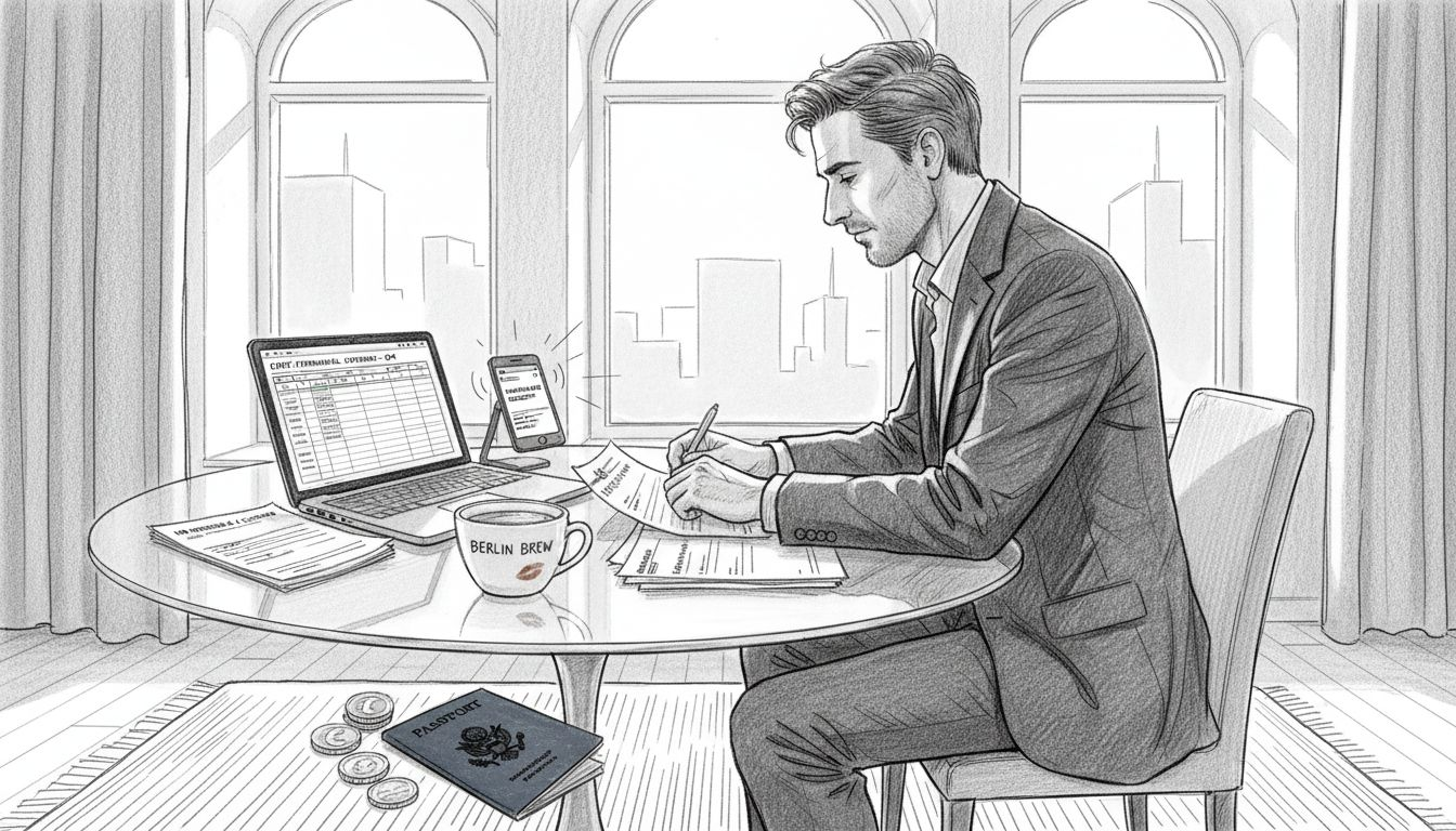 US expat organizing finances in European apartment