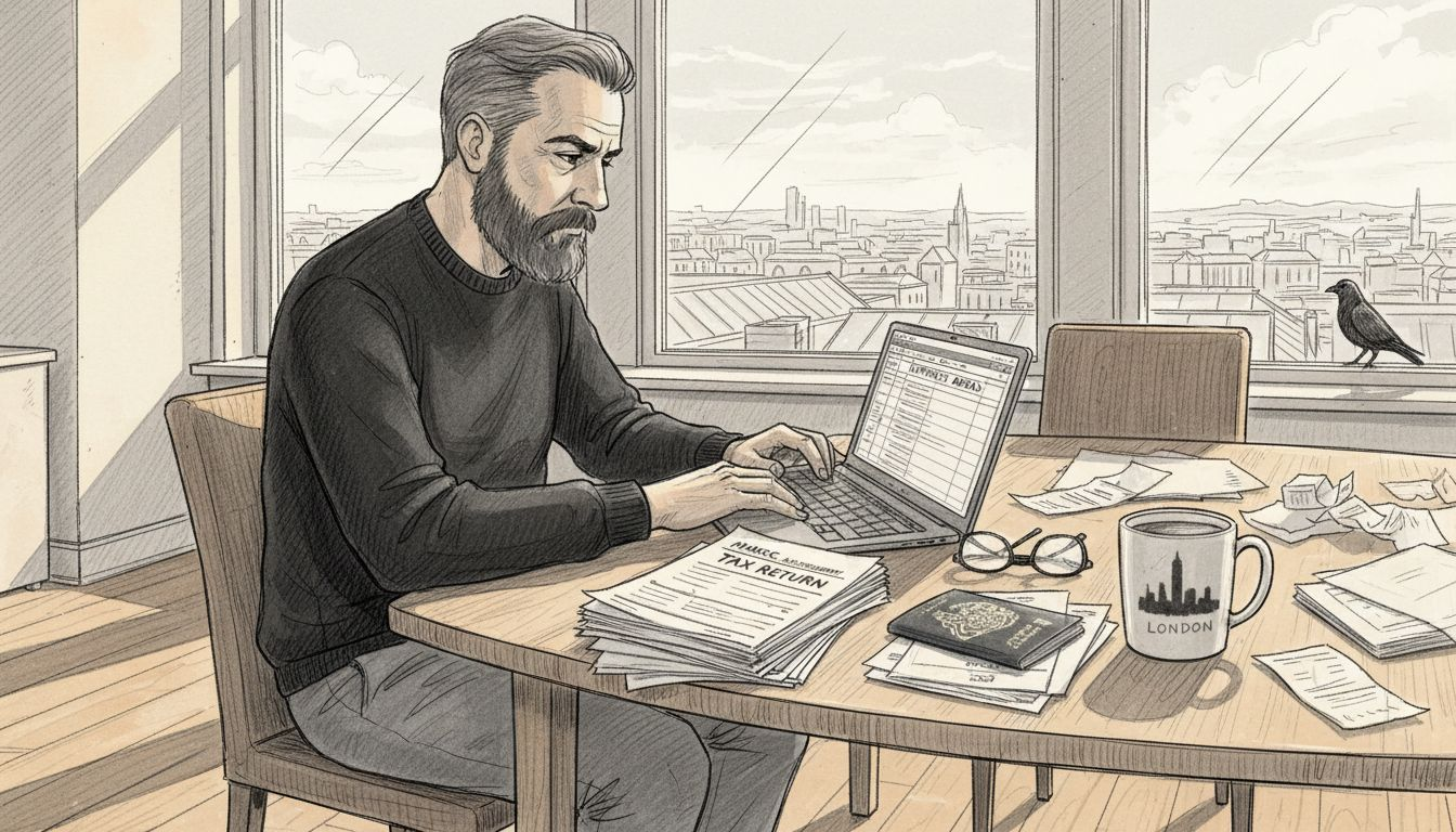 Expat reviewing tax documents in home workspace