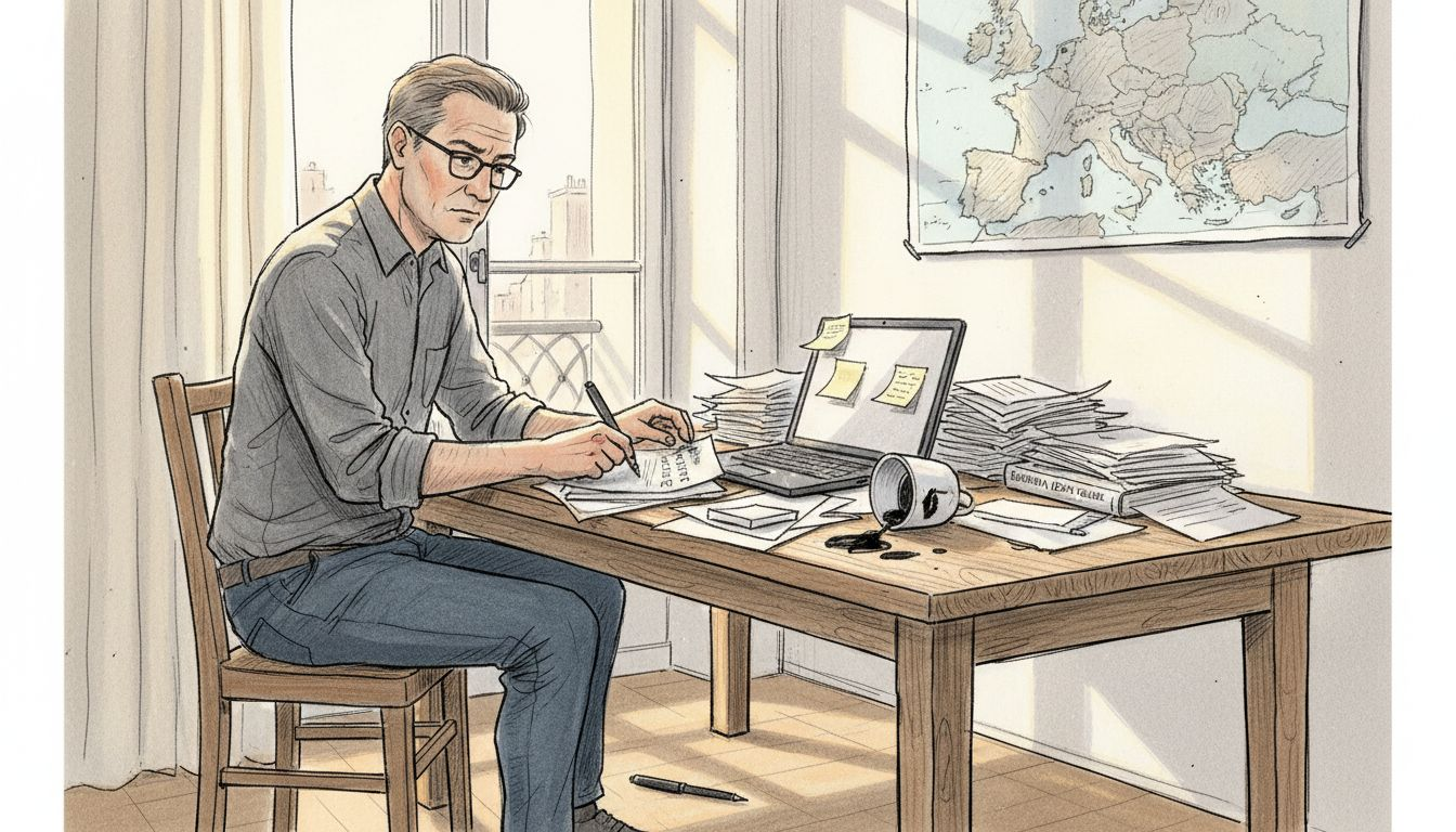 US expat sorting tax documents in European apartment