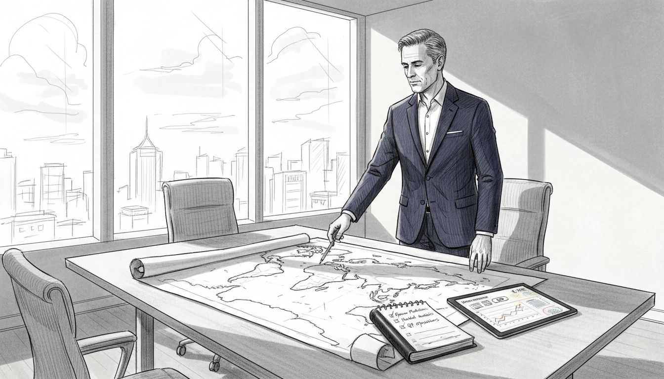Financial adviser with world map in bright corner office