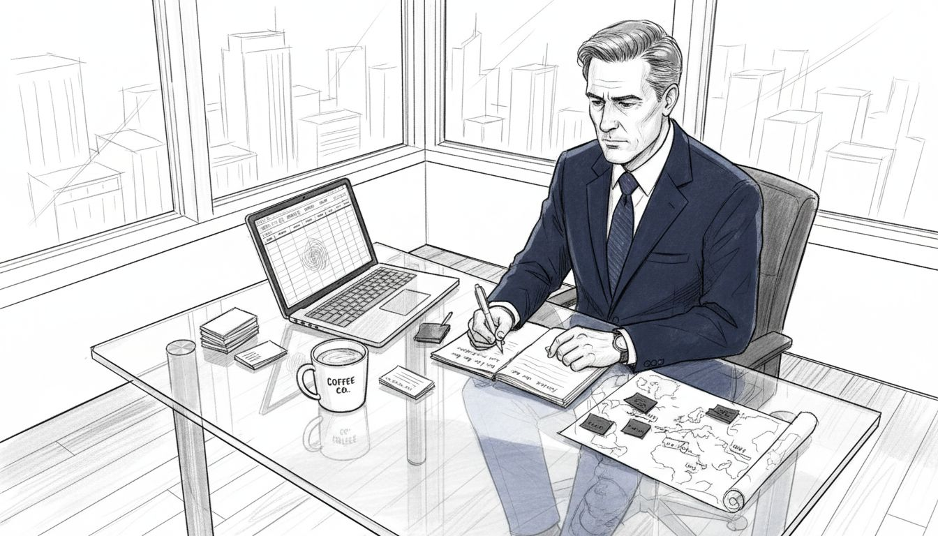 Man reviewing adviser options in glass office