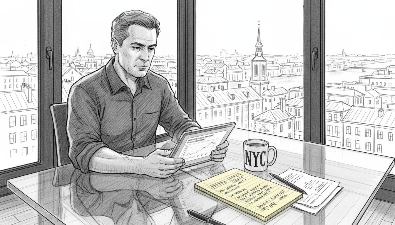 Man reviewing investment on tablet with city view