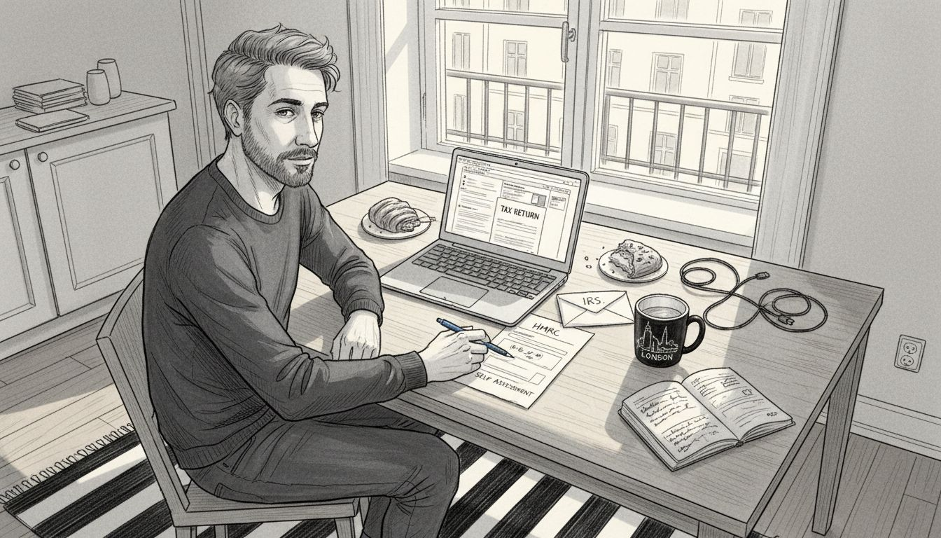 Man working on US expat tax forms