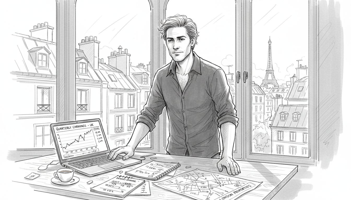 Man reviews investment data overlooking European city