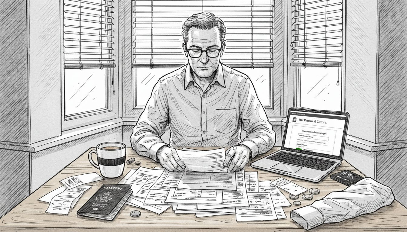 American expat organizing financial paperwork in apartment