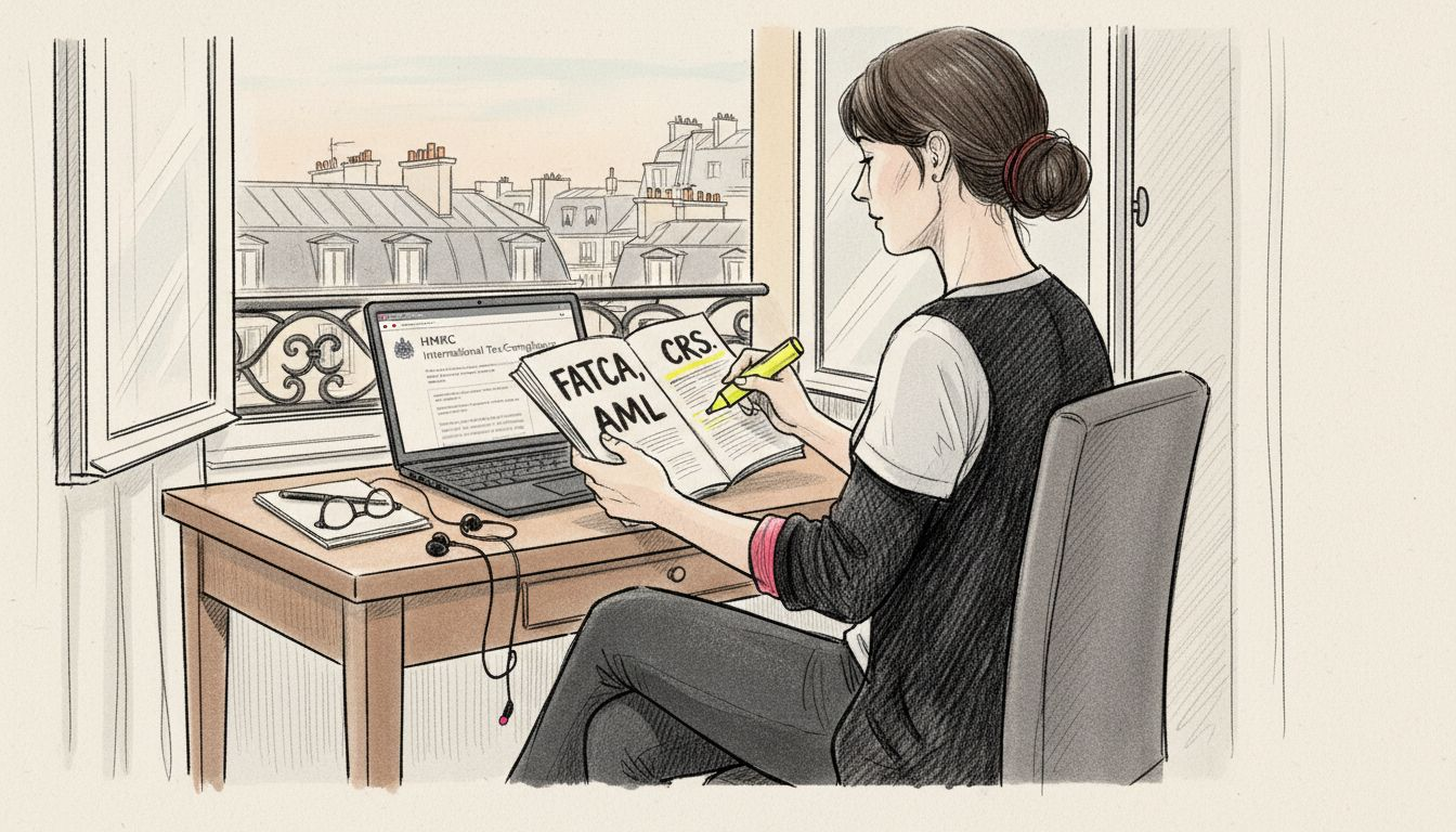 Expat woman studying financial regulations at desk