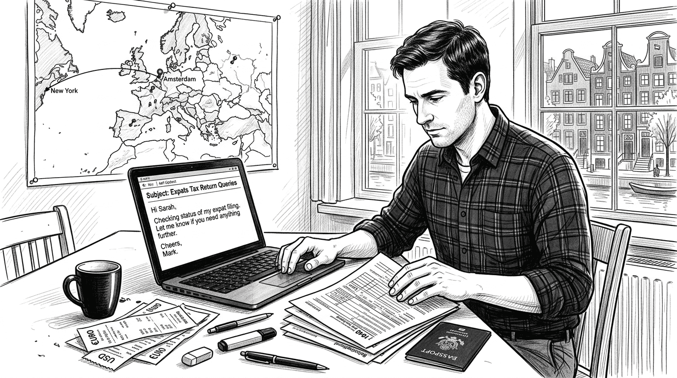 US expat at kitchen table sorting tax documents